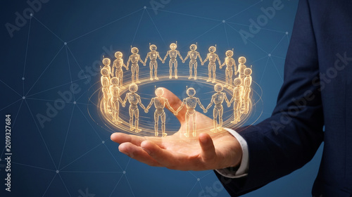 Businessman hand holding glowing holographic circle of robots holding hands, AI network and unity concept.