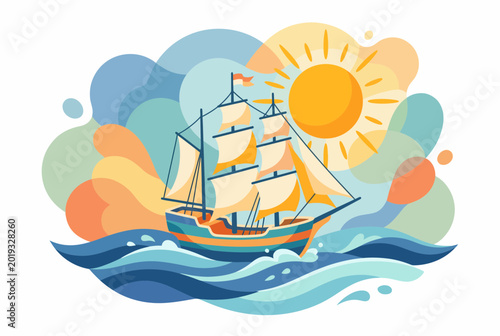 Φωτογραφία Stylized Tall Ship Sailing on Vibrant Ocean Waves