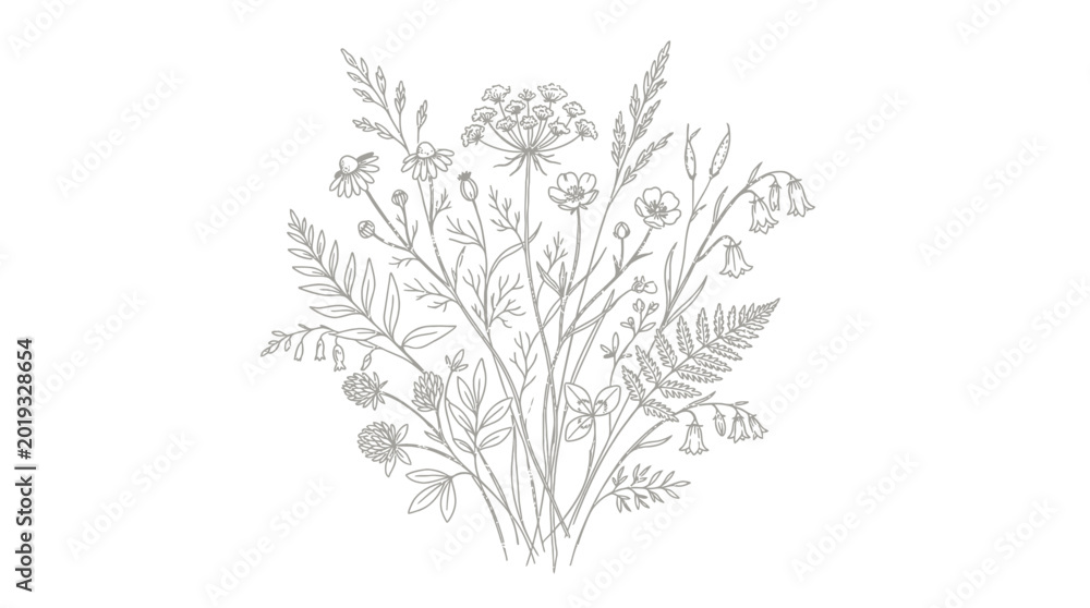 Fototapeta premium Detailed botanical line art illustration featuring a delicate arrangement of various wild meadow flowers and foliage created with fine strokes in a classic minimalist style for elegant and simple deco