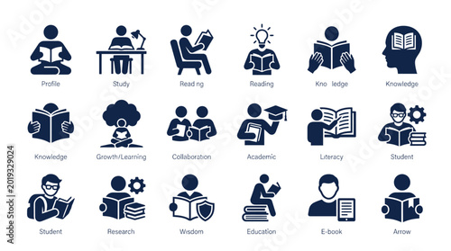 Set of dark blue education icons featuring various students reading books and gaining knowledge through study and research in a collection of simple graphic symbols presented as a clean on white backg