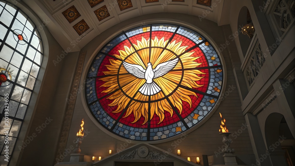 Obraz premium Stained glass dove descending in ornate church dome with arched windows and religious decor