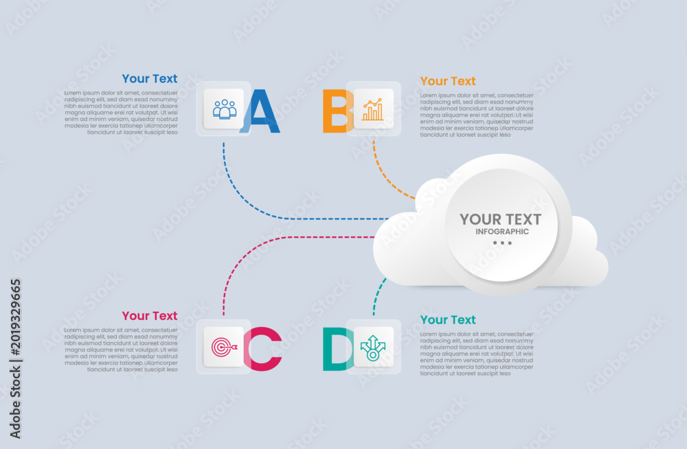 Naklejka premium Cloud shape infographic with glossy gradient style with big cloud and circle inside with dotted line round curve with square box with four segment information