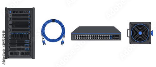 Server rack, network cable, switch, and power supply