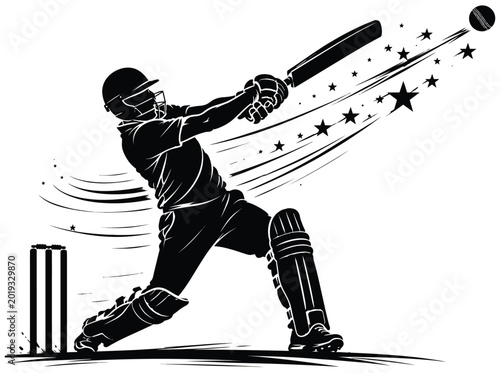 Cricket Batsman Pull Shot Silhouette Vector Illustration