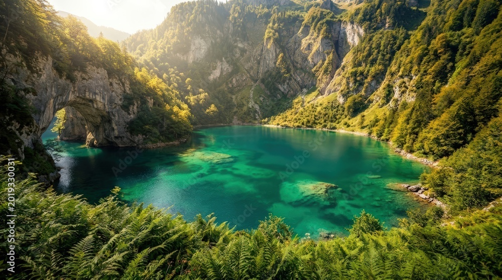 Obraz premium Serene Emerald Lake Nestled Amidst Lush Green Forested Mountains.