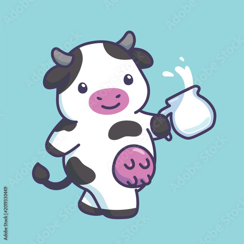 A cute fluffy cow happily holding a glass of fresh milk with a playful smile and charming cartoon style.
