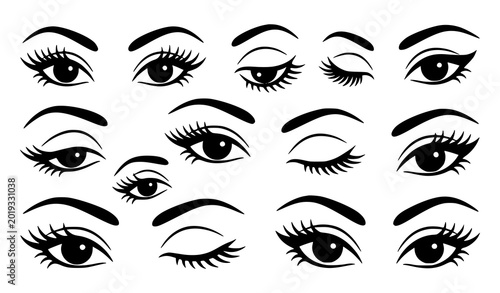 Quadro su tela Set of women's eyes with different expressions and winking