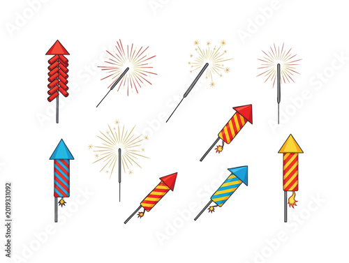 Pyrotechnic colored icons. Holiday sky fire crackers and cracker sparklers color firework rockets isolated on white background, vector illustration
