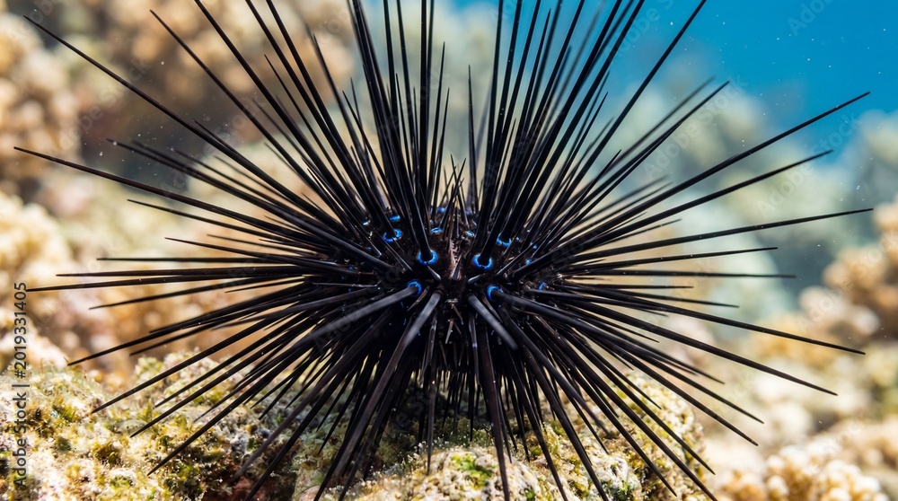 Naklejka premium Close-up Macro View of a Black Sea Urchin Underwater