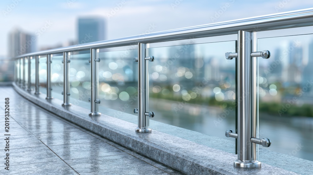 Fototapeta premium Modern glass balcony featuring a sleek handrail safety barrier overlooking an urban landscape.