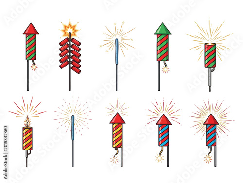 Pyrotechnic colored icons. Holiday sky fire crackers and cracker sparklers color firework rockets isolated on white background, vector illustration