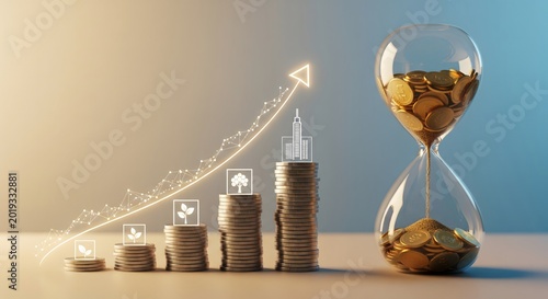 A conceptual illustration of increasing coin stacks with an hourglass representing time and financial growth.