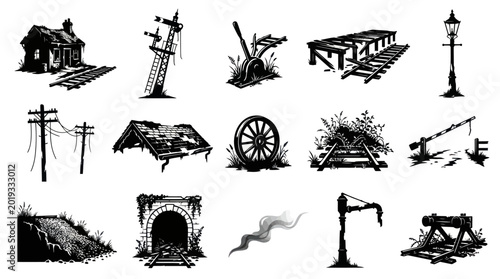 Vintage Railroad Infrastructure Elements Set in Black and White Line Art Style - Train Tracks and Station Assets