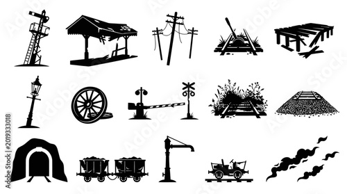 Vintage Railway and Old Train Infrastructure Black  White Silhouette Icons Set for Transportation Theme
