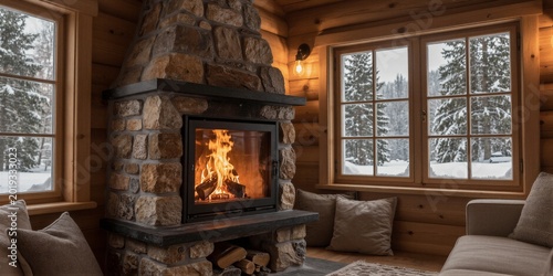 A stone fireplace with a modern insert and burning fire is set within a cozy wooden cabin interior on a snowy winter evening.