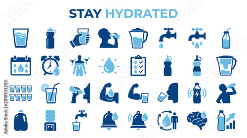 Quadro em tela Collection of icons representing hydration concepts including drinking water, wa