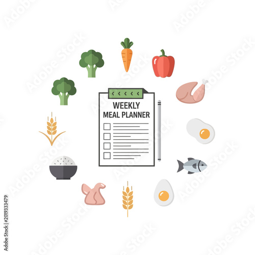Weekly Meal Planner surrounded by Healthy Food Ingredients on Isolated White Background