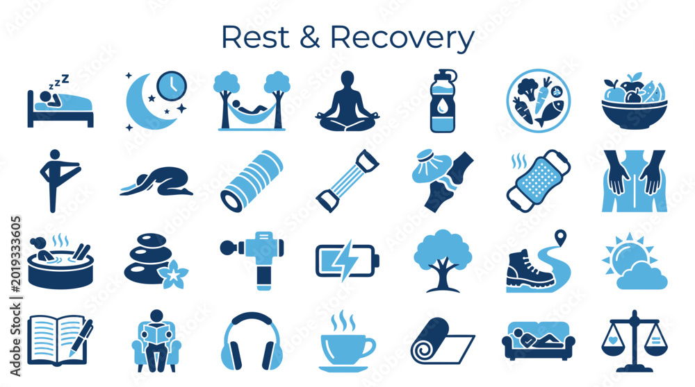 Fototapeta premium Rest and Recovery Icons Set Healthy Lifestyle Wellness Activities Self Care Relaxation Symbols