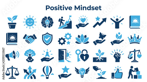 Schilderij op canvas Positive Mindset Icons Collection representing Growth Success Motivation and Wel