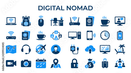 Tableau sur toile Digital Nomad Icons Representing Remote Work Travel Technology and Lifestyle Con