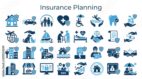 Foto Insurance planning concept with diverse icons representing various coverage type