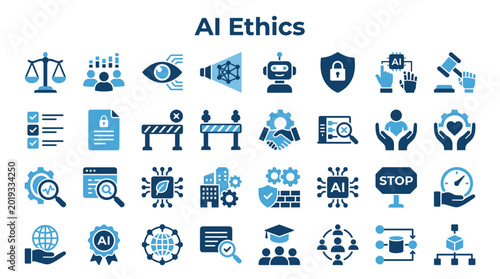 Quadro su tela Artificial Intelligence Ethics and Responsibility Icons Set Showing Trust Securi