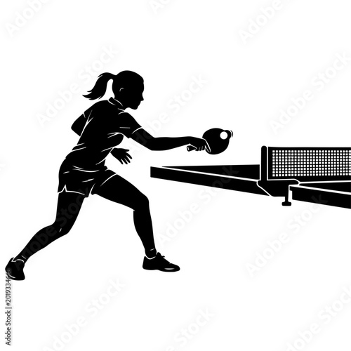Female Table Tennis Player Silhouette Preparing to Hit a Ping Pong Ball on the Table