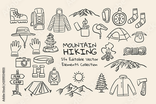 Elements of camping and outdoor adventure in doodle style. Travel, tourism, and wilderness-related designs. Vector illustrations on a white background.