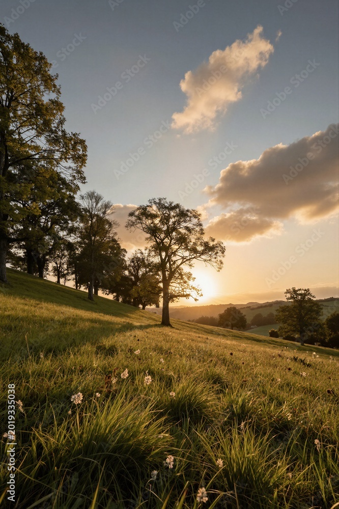 Fototapeta premium A digitally created landscape of a sunlit grassy hillside with scattered trees and wildflowers, set against a soft orange-hued sky at sunset.