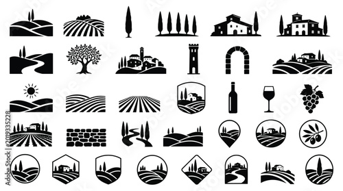 30 Tuscany Italy Solid Black Silhouette Landscape, Vineyard, Hills, and Cultural Icons Set on White Background
