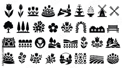 30 Keukenhof Gardens Netherlands Solid Black Silhouette Tulip Flowers, Garden Landscape, and Floral Icons Set on White Background