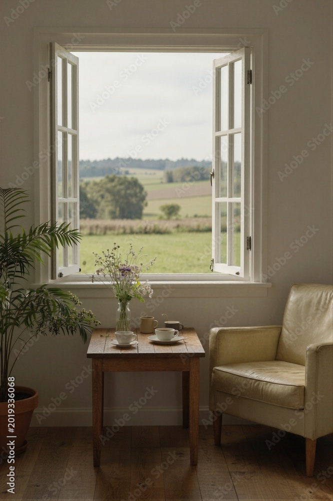 Fototapeta premium A serene interior room with a large open double-hung window frames a breathtaking rural landscape of rolling hills and distant trees, bathed in soft morning light.