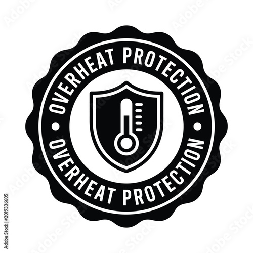 Overheat protection icon black shield with thermometer in circular badge design