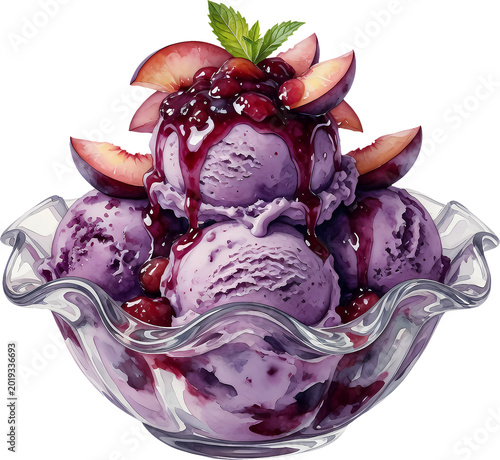 Purple plum ice cream sundae with syrup and fruit chunks watercolor illustration