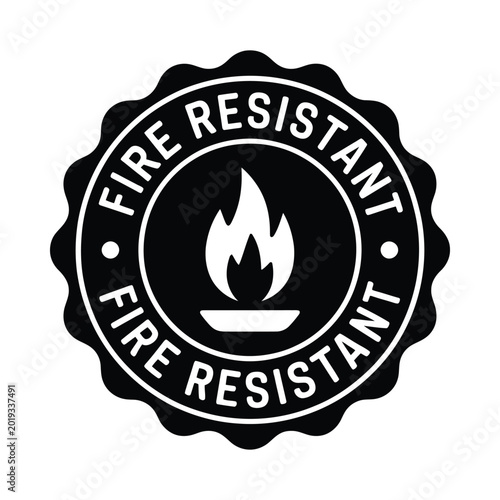 Fotografie Fire resistant label icon white flame symbol in black circular badge