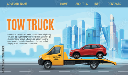 Schilderij op canvas Tow Truck Service Website Banner with Car Transport Vehicle City Background and