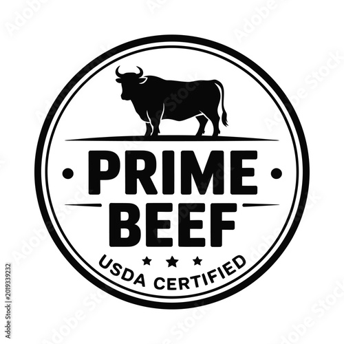 Prime beef label with bull silhouette usda certified black and white