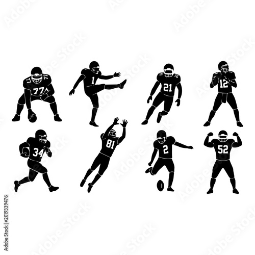 American Football Player Silhouettes Collection with Dynamic Action Poses Vector Illustration
