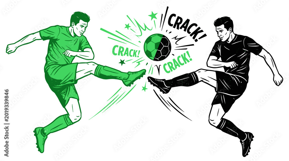 Fototapeta premium Two soccer players in action kicking a soccer ball with a crack sound effect illustration