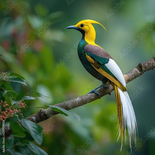 Magnificent Bird of Paradise with Yellow Crest and Long Tail Feathers
