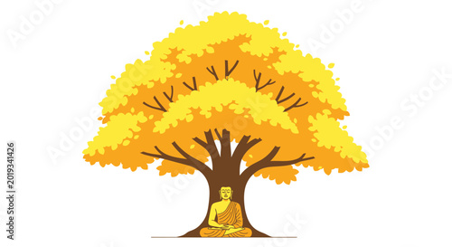 Tableau sur toile Buddha meditating under a golden enlightenment tree, symbolizing peace and wisdo