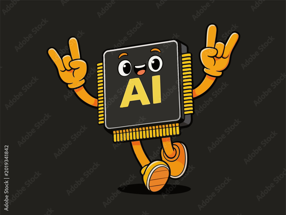 Fototapeta premium Cute AI Chip Mascot Doing Rock Hand Gesture