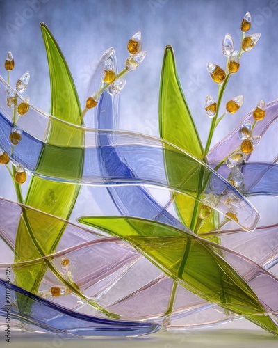 Abstract Glass Sculpture with Green Leaves and Amber Droplets
