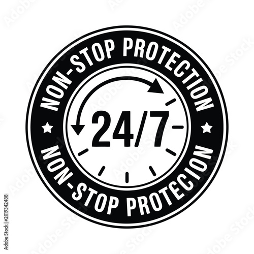 Foto Non stop protection badge black and white circular emblem with 24 7 text