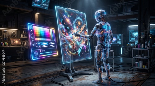 Futuristic AI robot artist creating vibrant digital art on a transparent screen in a workshop
