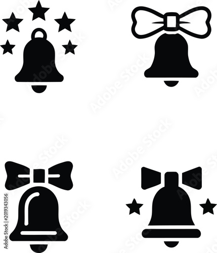 Christmas Bell Icons Set – Holiday Jingle Bell Bow and Star Symbol Collection