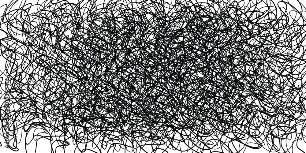 Wall Mural Abstract tangled black lines forming a dense, chaotic scribble on a white background, representing confusion or complexity