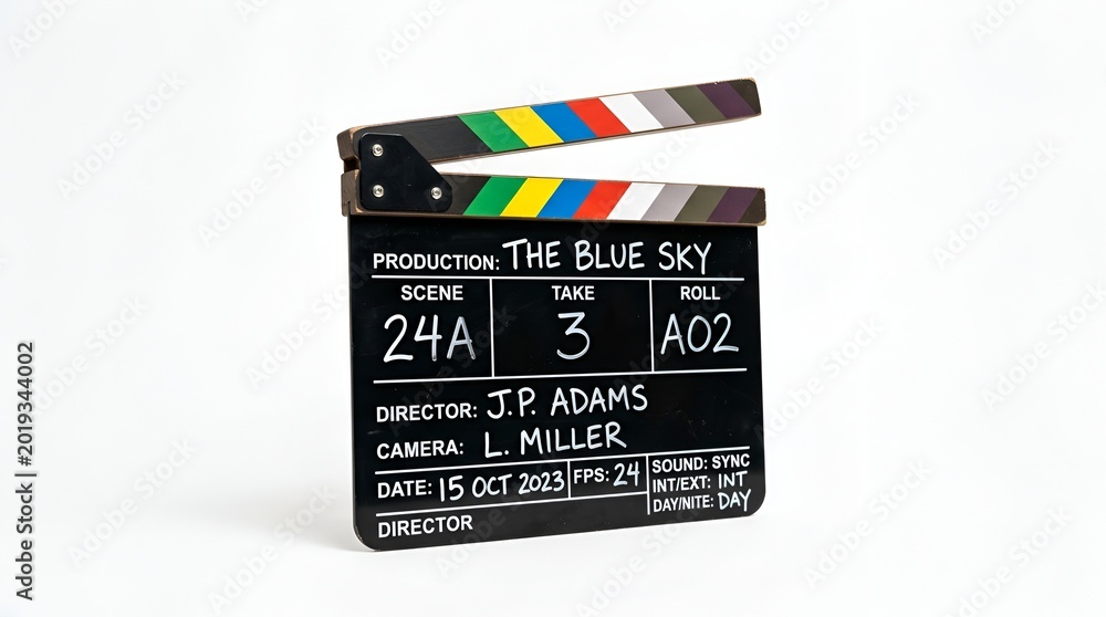 Naklejka premium Professional black movie clapperboard with colorful markings and production text on a white background