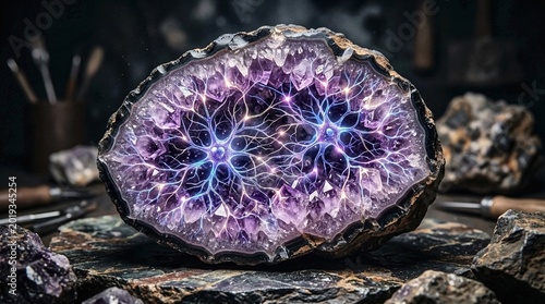 Mystical Amethyst Geode with Luminous Neural Network Pattern