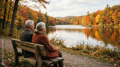 Elderly Couple Enjoying Autumn Lake View on Park Bench